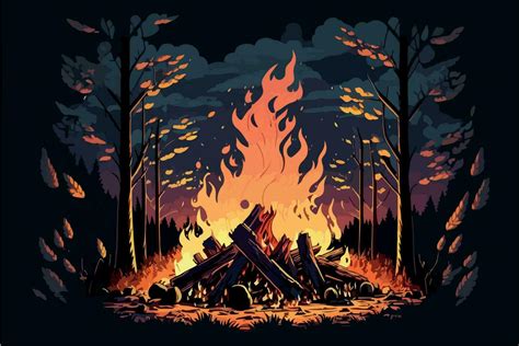 Campfire in the forest in the night. Vector illustration of fire in ...