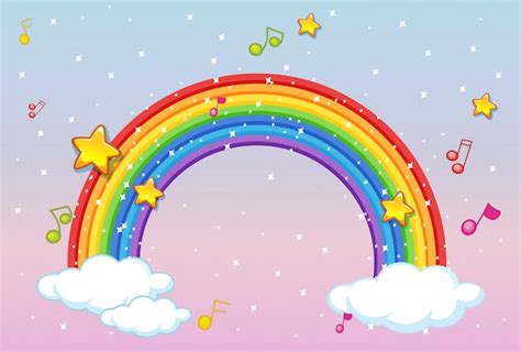 Free Vector | Rainbow with music theme and glitter on pastel sky background