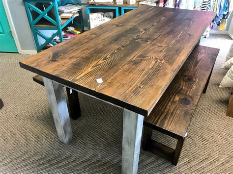 Dark Walnut Farmhouse Table With Benches Rustic Wooden Dark Walnut Top and Creamy White ...