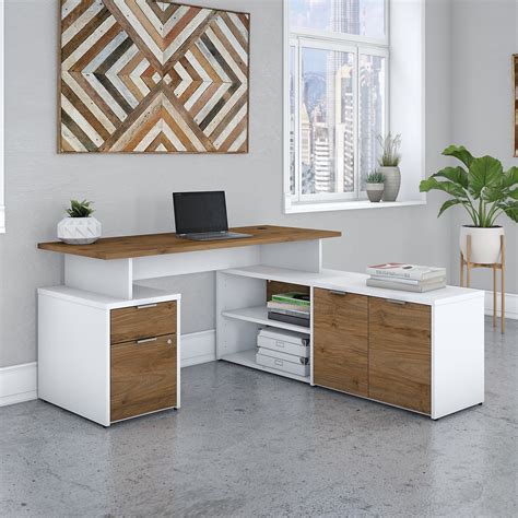 60W L Shaped Desk with Drawers in White and Fresh Walnut in Brown by Bush