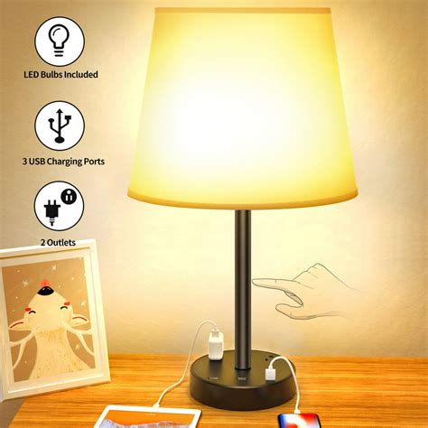 Touch Control Table Lamp - Touch Lamp with USB Ports and Outlets, 3 Way Dimmable USB Bedside ...