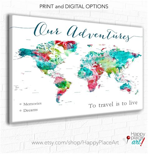 Our Adventures Travel World Map Wall Art, Push Pin Maps, Large World Map Poster Print, Adventure ...