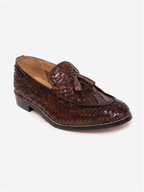 Buy Genuine Leather Brown Woven Tassel Loafers for Men