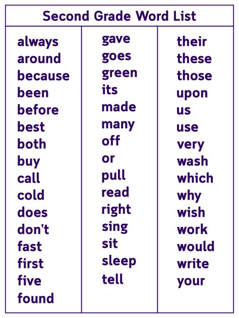 Printable 2nd Grade Sight Words