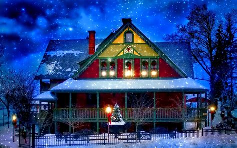 Wallpaper Snow winter, house, New Year, Christmas, lights, trees, evening 1920x1200 HD Picture ...