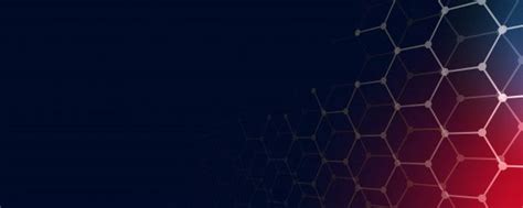 Technology banner background with hexagonal shapes and lines in red, blue, and yellow