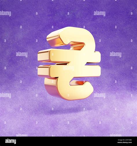 Hryvnia icon. Gold glossy Hryvnia symbol isolated on violet velvet background. Modern icon for ...