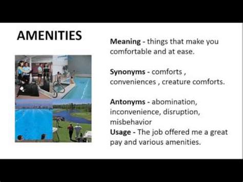 Vocabulary Made Easy Meaning of Amenities, Synonyms, Antonyms and its Usage - YouTube