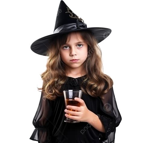 Halloween Kids, Portrait Bored Girl With Brown Hair In Witch Hat Holding Glass, Kids Playing ...