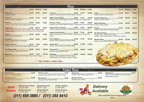 Menu at Akhalz Kelvin (Akhalwayas) restaurant, Johannesburg