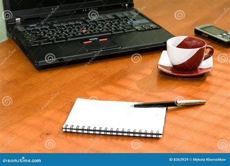 Office Table with Laptop Computer, Notebook Stock Image - Image of pencils, office: 8363929