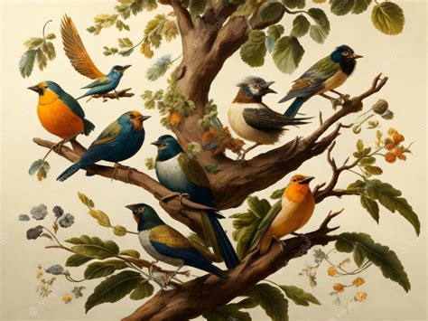 Premium AI Image | A painting of birds on a tree with a tree in the ...