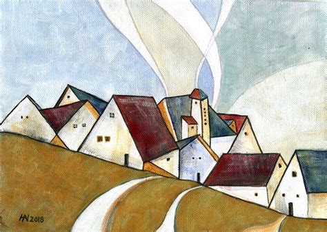 Abstract landscape of an imaginary village street in winter time - acrylic painting on cotton ...