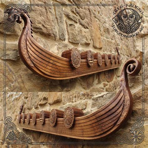 Vikings drakkar wood carving - Viking ship - Free shipping - Forged in Wood