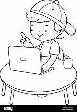 Child On His desk Using The computer Vector Black And White coloring  sketch template