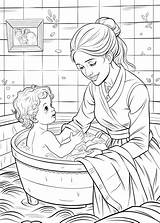 Mother bathing Child coloring Page In Vintage Style  Premium AI sketch template
