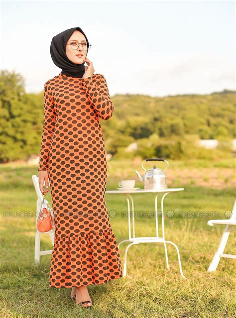 Orange - Polka Dot - Unlined - - Dress