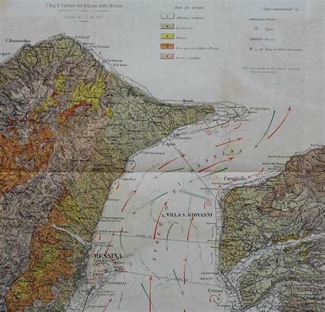 1882 Map Strait of Messina Italy. Currents Geology schizzo Geologico ...