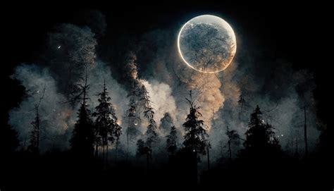 Premium Photo | Full moon in the night sky forest landscape with black trees