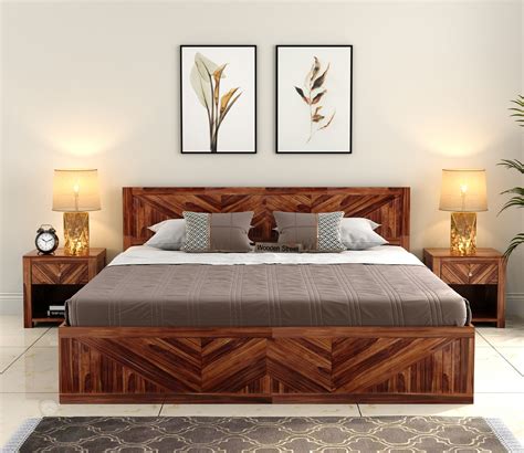 Buy Fidora Sheesham Wood Bed With Box Storage (Queen Size, Honey Finish ...