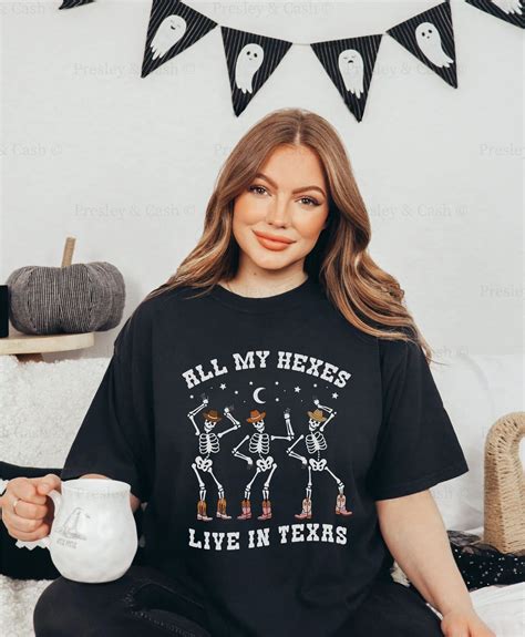 Cowboy Skeleton Shirt Hexes In Texas Shirt Halloween Comfort Colors Tee Oversized Spooky Shirt ...
