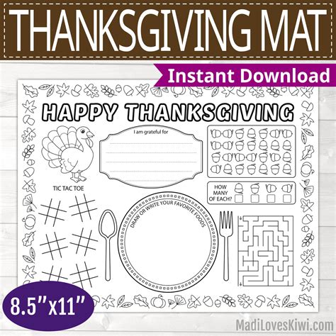 Printable Thanksgiving Placemat for Kids, Dinner Coloring Activity Mat - Madi Loves Kiwi Digital ...