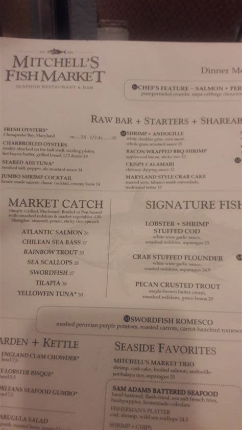 Menu at Mitchell's Fish Market restaurant, Woodmere