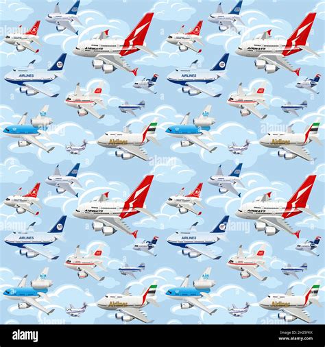 Cartoon commercial airplanes seamless pattern on clouds background ...