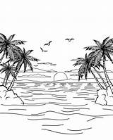 Sunset Over Tropical Island Coloring Page  Free Printable sketch template