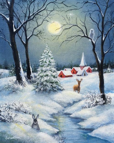 A Peaceful Snowy Night Art Print, Christmas Art, Winter Art, Snow Scene ...