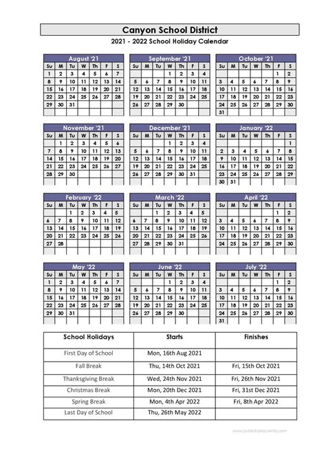 Canyons School District Holidays Calendar 2021-2022 School District ...