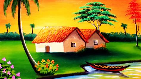 How to paint village scenery | Sunset Village drawing and painting ...