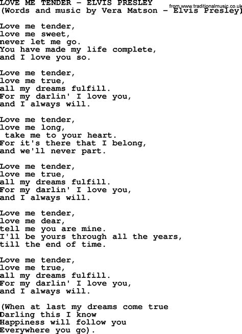 Love Me Tender by Elvis Presley - lyrics