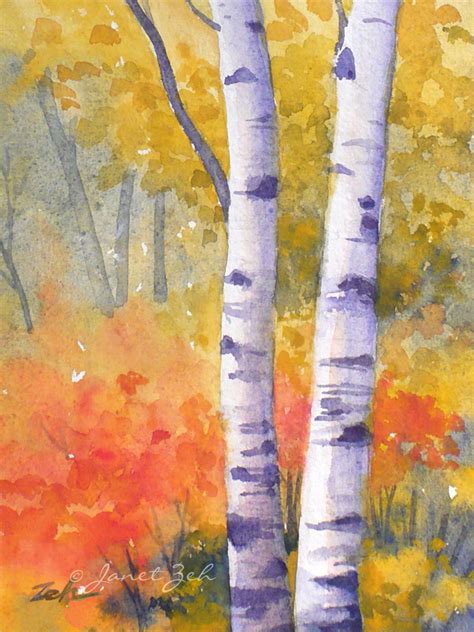 Janet Zeh Original Art Watercolor and Oil Paintings: Birch Tree Autumn ...