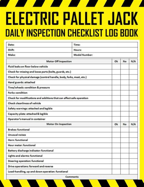 Buy Electric Pallet Jack Daily Inspection Checklist Log Book: Powered Pallet Jack Pre-use ...