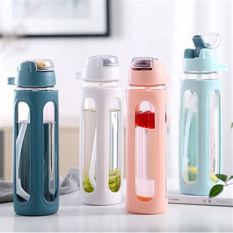 600ML Glass Water Bottle Straw Plastic 500ML Drink Straight Water ...