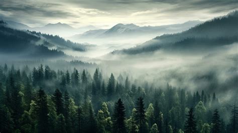 A mountains forest filled with lots of trees covered in fog, wallpaper ...