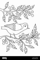 Bird sitting On A Branch Of Flowering Tree coloring Page For  sketch template