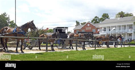 Amish horses and buggies parking area in Mesopotamia Village in ...