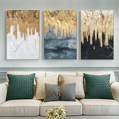 Set of 3 Black White Sage Gold Foil Wall Art Framed, Textured Painting ...