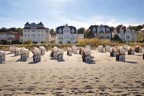 Germany, Usedom, Bansin, hooded beach chairs on the beach stock photo