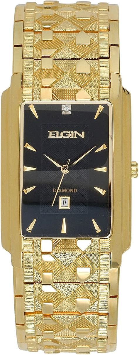 Elgin Mens Gold-Tone & Diamond-Accent Rectangular Watch FG8014: Amazon.co.uk: Watches