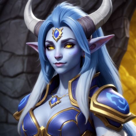 Young Blue-Skinned Female Draenei with Fur and Yellow Eyes | Stable Diffusion Online