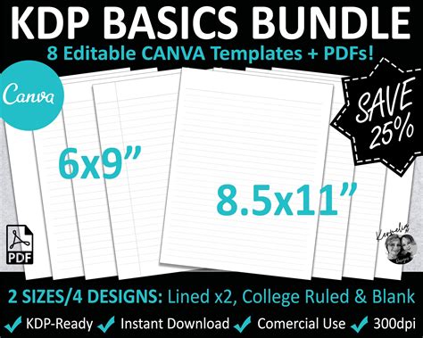 CANVA KDP Basics Bundle 6x9 & 8.5x11 8 - Etsy UK | College rule, Book ...