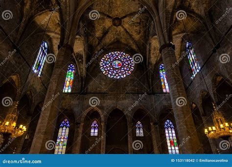 Interior of Santa Maria Del Mar Basilica in Typical Catalan Gothic Style with Pointed Arches and ...