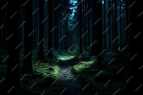 Premium AI Image | a path through a dark forest at night