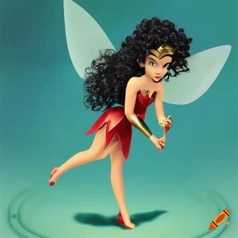 Tinkerbell wearing a wonder woman costume with black curly hair on Craiyon