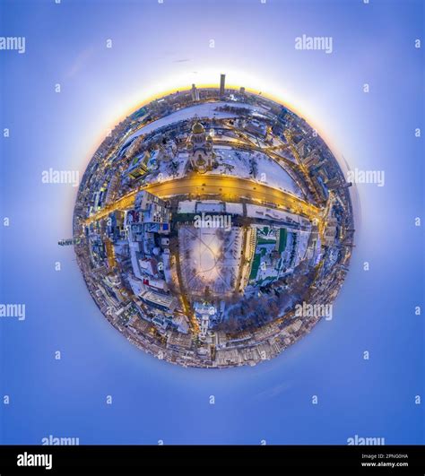 Aerial winter city view, Little planet sphere mode. Yekaterinburg city ...