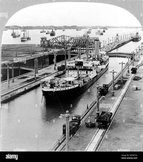 PANAMA CANAL : South over Gatun Locks and Gatun Lake, emergency dam in position , 1916 ...