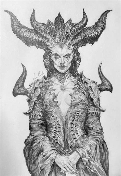 a drawing of a woman with horns on her head and two horns around her neck